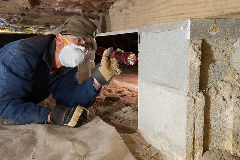 Crawl space inspector with flashlight checking foundation piers.