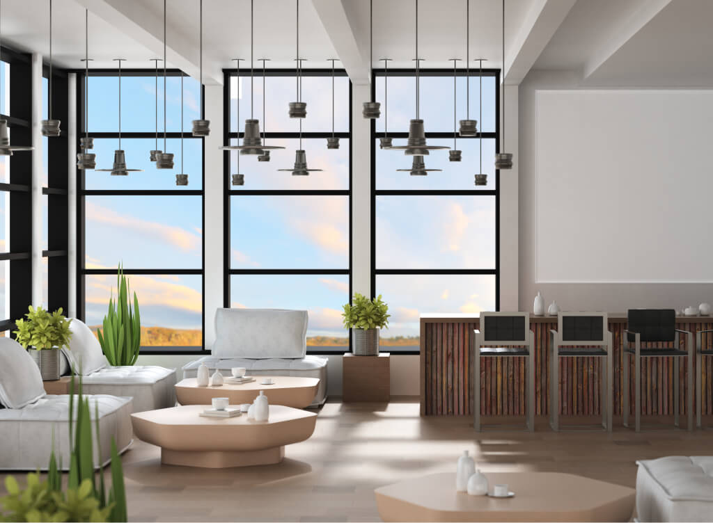 modern interior lounge with stools and hanging lights